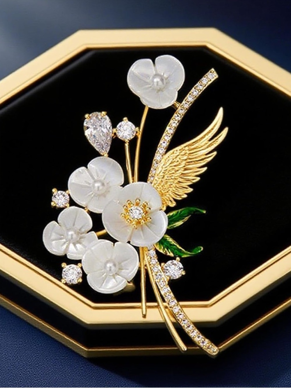 Floral Pearl & Crystal Brooch in White and Green